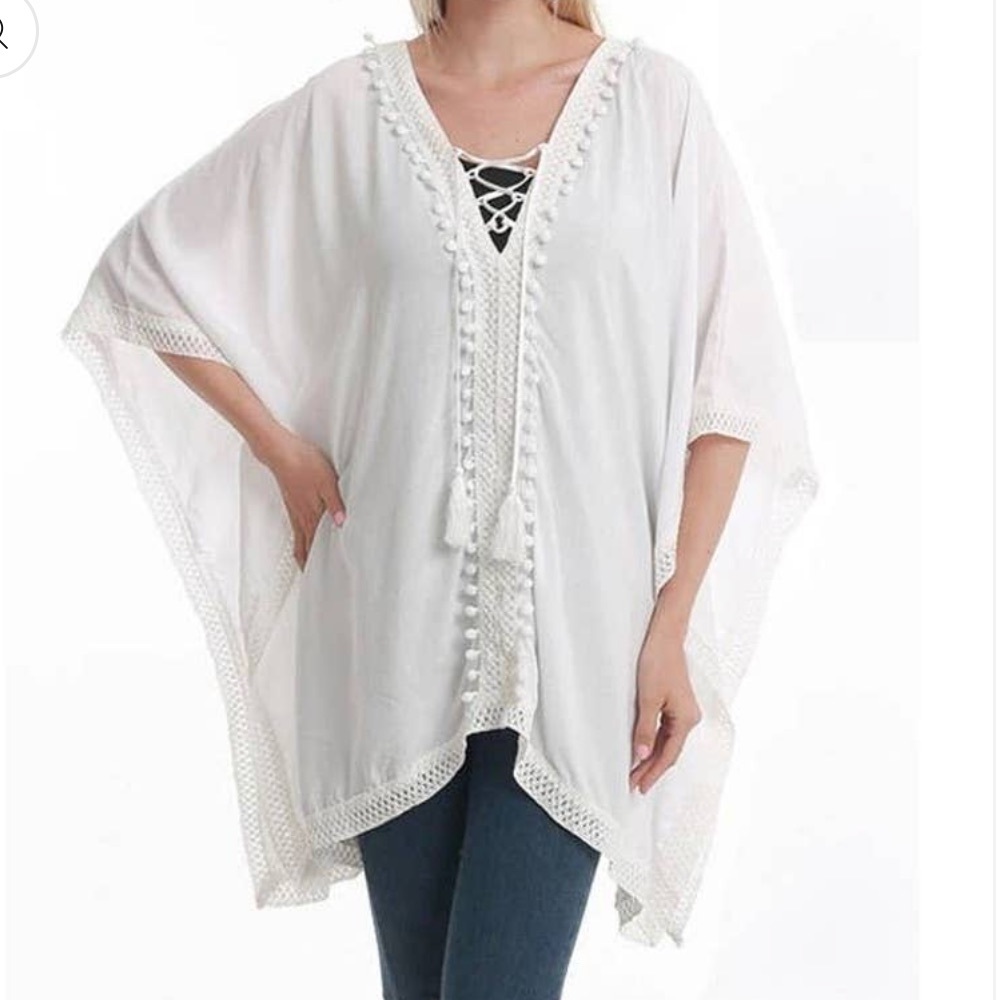🕶️LULLA COLLECTION by BINDYA  White Pom-pom Trimmed Beach Swim Kimono Cover Up